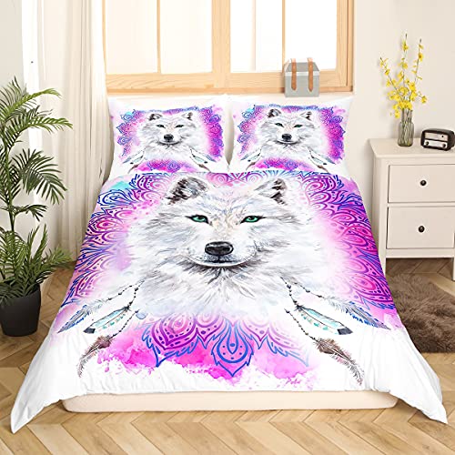 Bohemian Comforter Cover Wolf Bedding Sets Safari Animals Tie Dye Duvet Cover Set For Kids Boys Girls Wolf Dreamcatcher Watercolor Mandala Tribal Bedspreads Cover With 2 Pillow Cases Queen Size #TOP27