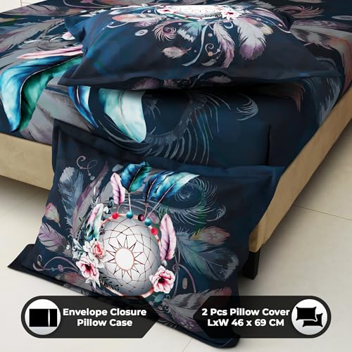 Image of Story@Home Bedsheet for King Size Bed Digital Printing 240TC Satin Finish with 2 Pillow Covers, (270 cm X 270 cm, Navy Blue & Pink), Dream Catcher Design | Double Bed Bedsheet