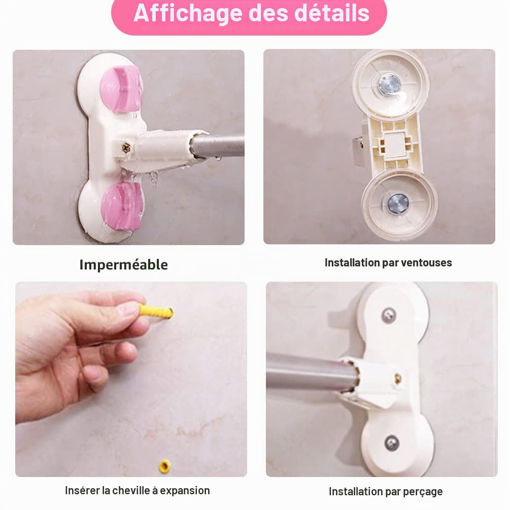 BAOYOUNI Tringle à Rideau de Douche en Forme de L Extensible Sans Perçage avec Ventouses Barre d'angle en Métal Universelle pour Salle de Bain, Baignoire, Magasin de Vêtements, 102 x (118-180)cm