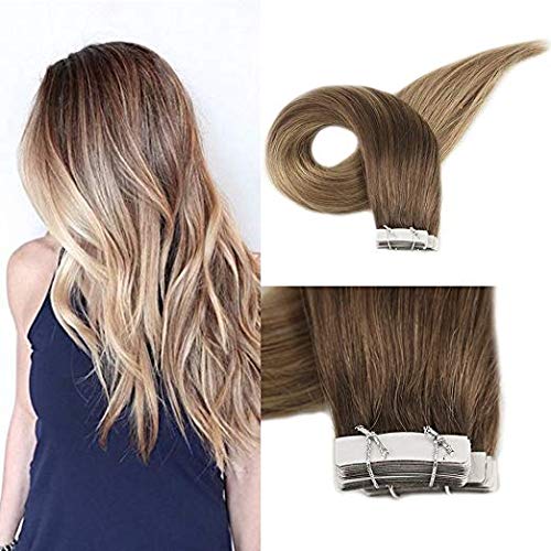 [Promotion]Full Shine 18" 50 Grams Tape in Remy Hair Extensions 100% Real Human Hair Dip Dyed Color #10 Golden Brown Fading to #14 Dark Golden Blonde Seamless Hair Extensions 20 Pieces Per Pack