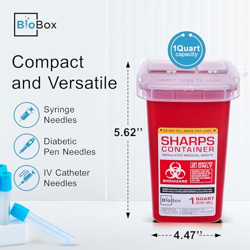 Image of Sharps Container - Small Sharps Containers for Home Use, Travel & Disposal | 1 Quart (Pack of 5), Portable, Puncture-Resistant, Dual Locking Lid, Fits Needles & Syringes