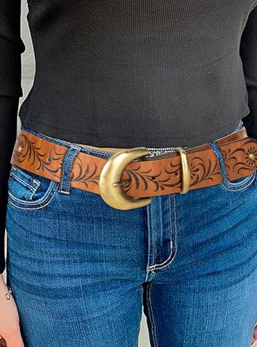 Image of Western-Leather-Belts-Women Vintage Waist-Belts with Hollow Out Flower