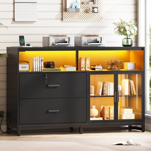 SEDETA 59' File Cabinet, 2 Drawers Filing Cabinets for Home Office fit Legal/Letter/A4 File, File Cabinet with Lock & Power Outlets, Printer Stand with Storage & LED Lights, Black