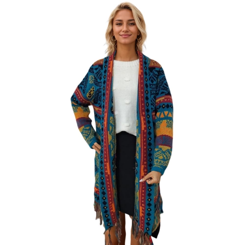 Womens Boho Aztec Ethnic Style Knitted Cardigan Casual Vintage Long Sleeve Lightweight Tassels Open Front Sweater Coat