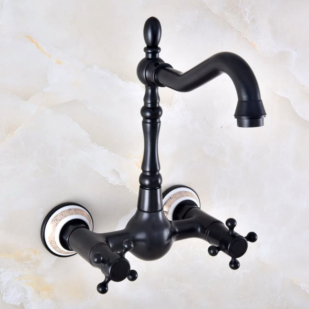 Robinet de lavabo de salle de bain mural double poignée en bronze noir mat