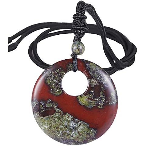 SUNYIK Natural Dragon Bloodstone Lucky Coin Pendant Necklace for Women Men, Healing Crystal Amulet Jewelry for Unisex, Donut Round Shaped, Adjustable 18''-28'' Strand Cover