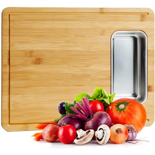 Tabla de Cortar de Bambú para Cocina, Preparación de Comidas y Servir – Tabla de Picar de Madera para Quesos y Embutidos con Recipiente de Acero Inoxidable, Ranuras para Jugos y Patas Antideslizantes, 41,9 x 31,8 x 5,1 cm miniatura 2