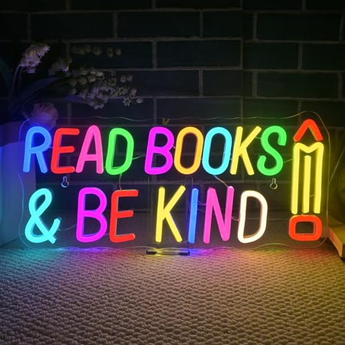 Image of WLHOPE Read Books Be Kind Neon Sign Neon Signs for Wall Decor Dimmable Read Books Neon Lights LED Sign for Book Lovers Gifts Bedroom Bookstore Reading Room Library Study Room Decoration