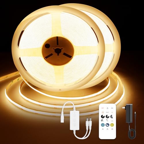 Image of COB LED Strip Lights, Dotless LED Lights with Remote& App, 49.2ft Warm White 2700K Super Bright Dimmable 24V Flexible LED Tape Light,Kitchen Cabinet,Office,Stairs,Shelf Indoor Lighting.