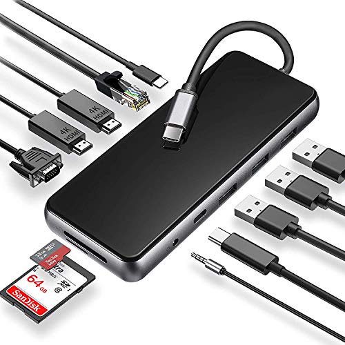USB C Hub Laptop Docking Station,12 in 1 Triple Display USB C Adapter with Dual 4K HDMI,VGA,Ethernet,PD Charging,3 USB 3.0,Type C Port,Audio/Mic,SD/TF Card Reader for MacBook and Other USB-C Devices