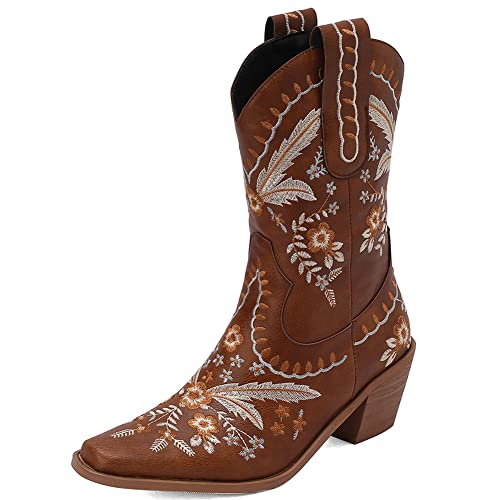 Image of Womens Embroidered Cowgirl Boots Pull On Cowboy Boots for Women Floral Low Chunky Heel Western Boots