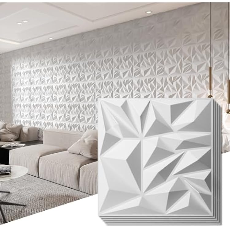 Art3d 33-Pack 3D Wall Panels for Interior Wall Decor, Modern Diamond Textured Accent Wall Paneling for Gaming Living Room TV Wall Background, 12 x 12 inch White, A10342