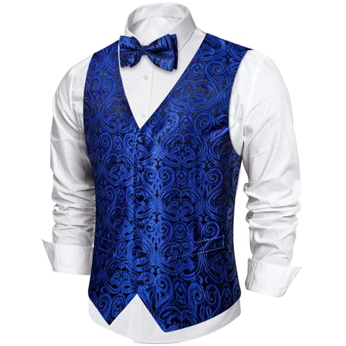 Image of DiBanGu Mens Paisley Suit Waistcoat,Silk Dress Vest and Bowtie Pocket Square Cufflinks with Lapel Pin Set for Wedding Tuxedo