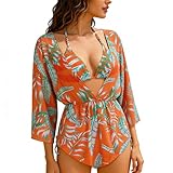 Bolsamila Women's Sexy 3 Piece Swimsuits Tropical Swimwear Halter Triangle Bathing Suit with Beach Cover Up Orange X-Large
