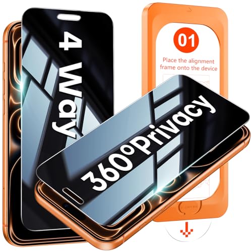 OMOTON 360 Privacy Screen Protector for iPhone 17 Pro Max [4 Way Anti-Spy] TOP Tempered Glass with 9H+ Hardness & 12FT Military Grade Shatterproof Total Privacy Shield Full Coverage Protection 2 Pack