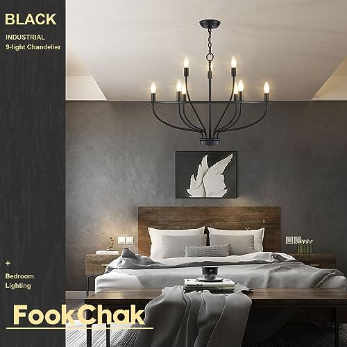 FookChak 9-Light Black Chandelier Light Fixture Classic Candle Chandelier Lighting Over Table for Dining Room Living Room Bedroom Foyer Kitchen Island, 28.54in, E12 - Thumbnail 7