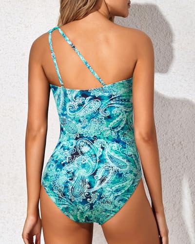Image of Holipick One Shoulder One Piece Swimsuit for Women Tummy Control Bathing Suits Modest Full Coverage Keyhole Swimwear