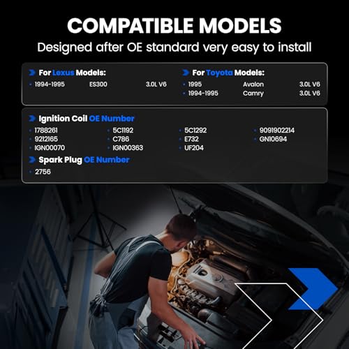 Image of 6-Pack UF204 Ignition Coils & 2756 Spark Plugs Kit Compatible with Toyota Avalon 1995, Camry 1994-1995 Compatible with Lexus ES300 1994-1995, V6 3.0L - Replaces 1788261 5C1192 5C1292 9091902214