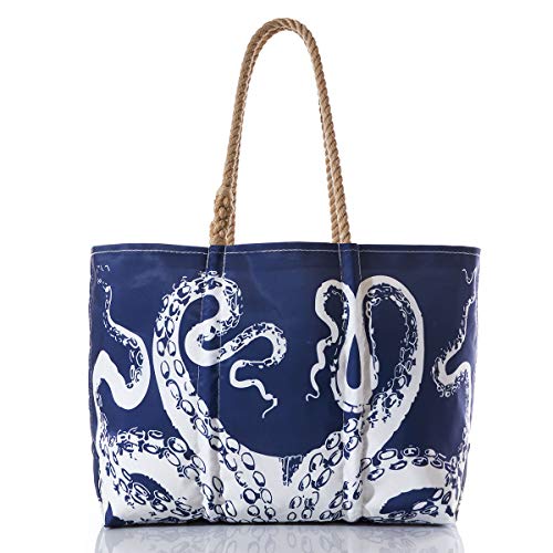 Sea Bags Recycled Sail Cloth White on Navy Octopus Tote