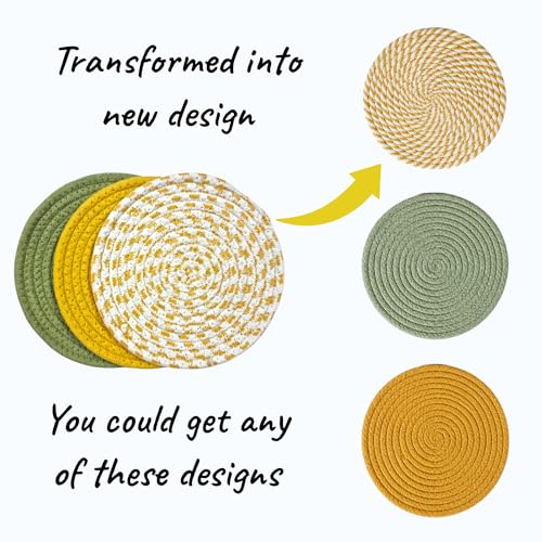Image of Yellow Cotton Trivet Set of 3 for Dining Table, Centre Table, Side-Table, and Kitchen Countertop. Absorbent, Sturdy. Keep hot Pans and pots (18cms)