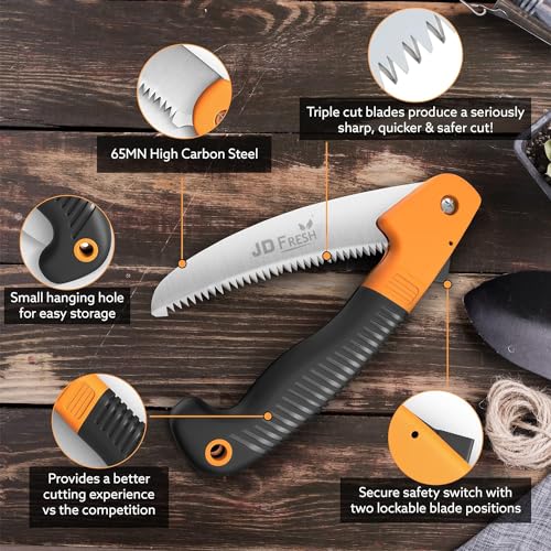 Image of JD FRESH Folding Hand Saw for Wood Cutting, 7.5 Inch 65Mn High Carbon Steel Triple Cut Blade for cutting, pruning, camping, gardening and Outdoor Use, Safety Lock, Anti Slip Handle, Black & Orange