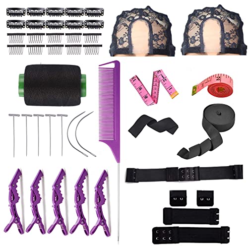 DIY Wig Tool 104pcs Wig Making Starter Kit For Pro and Beginner, Elastic Bands with 2Pcs Adjustable Wig with Hooks Weaving Needles and Thread Elastic Band for Wigs 1.5 Yard for Wig Making Value Kit,Mesh Spandex U-Part Dome Wig Cap , Wig Hair Combs wi