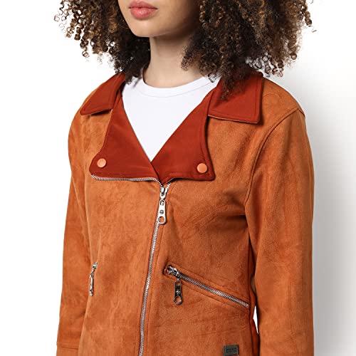 Image of Campus Sutra Women Brown Regular Fit Biker Jacket For Winter Wear | Collar Neck | Full Sleeve | Zipper | Casual Jacket For Woman & Girl | Western Stylish Jacket For Women