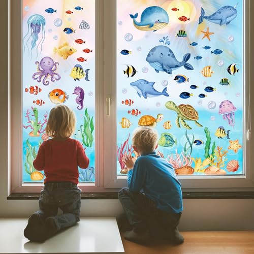 Kangtaixin Fensterbilder Kinderzimmer Selbstklebend - 9 Blatt Wiederverwendbare Unterwasserwelt Fenstersticker mit Meerestieren, DIY Ozean Fensteraufkleber für Kinder Badezimmer, Fensterdeko Kangtaixin Fensterbilder Kinderzimmer Selbstklebend - 9 Blatt Wiederverwendbare Unterwasserwelt Fenstersticker mit Meerestieren, DIY Ozean Fensteraufkleber für Kinder Badezimmer, Fensterdeko
