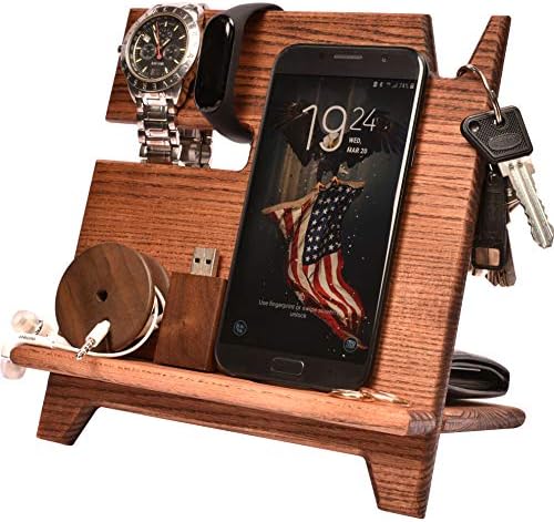 BarvA Wood Docking Station Cell Phone Smartwatch Holder Men Charging Accessory Nightstand Father Mobile Gadget Organizer Desktop Dresser Storage Wallet Anniversary Birthday Graduation Gift