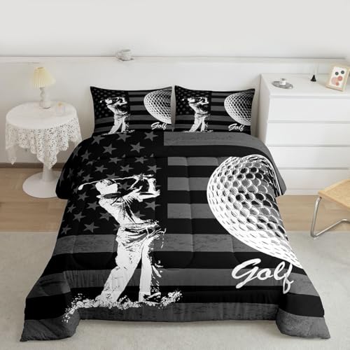 Image of Feelyou Golf Comforter Set King Size Sports Golfing Bedding Set for Kids Boys Girls American Flag Duvet Quilt Bedroom Decor Microfiber 3 Pcs with 2 Pillow Cases