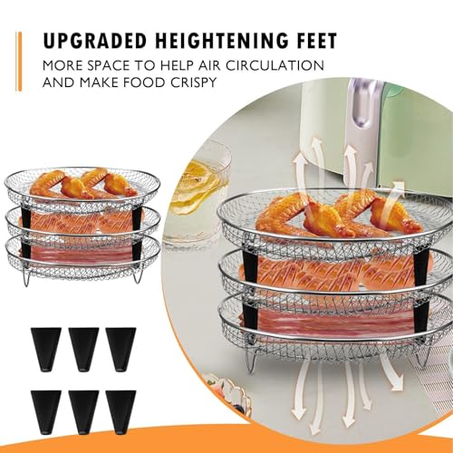 Luftfritteuse Korb, Air Fryer Rack, Runder Air Fryer Stand, 3 Schicht Stapelbar Heißluftfritteuse Edels-tahl Korb, Airfryer Grill Rack Mit Edelstahlclip, Ölpinsel, Heißluftfritteuse Zubehör Rund – Bild 7