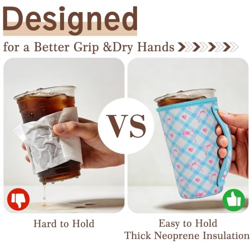Image of KJQJLY 3 Reusable Iced Coffee Sleeves for Iced Coffee Cups or Drinks Reusable Neoprene Insulated Sleeves for Hot and Cold Drinks from Starbucks, Dunkin, And More (Blue Argyle Bows)