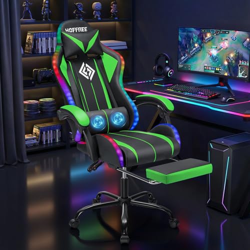 Image of HOFFREE Gaming Chair with LED RGB Lights with Massage and Footrest Ergonomic Computer Chair High Back Video Game Chair with Adjustable Lumbar Support Linkage Armrest Green and Black