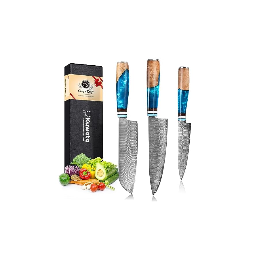 Chef Knife Set Damascus, 3PCS Professional Japanese VG10 Damascus Steel Kitchen Knife Set Chefs Knife, Paring knife, Santoku Knives, Chef Knife Set for Kitchen with Gift Box
