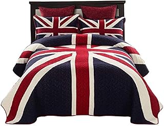 USTIDE 3-piece 100% Cotton Quilted Bedspread Union Jack King Size Reversible Comforter Set Cotton Bedding Set