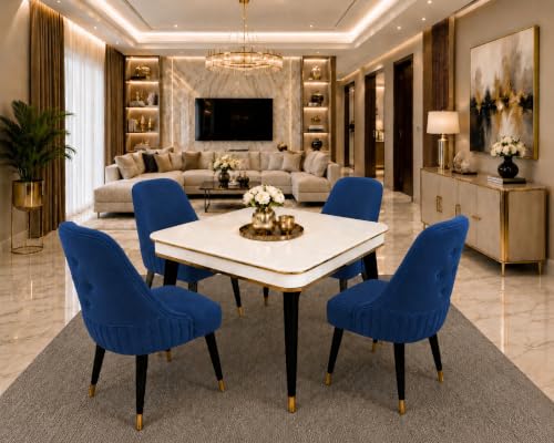 Image of WOODEN SPACE 4 Seater Wooden Dining Table Set | Urban Marble Top Dining Table with Chairs for Dining Room & Kitchen (Modern Grand Aura Navy Blue) (42 x 42 x 30 inch)