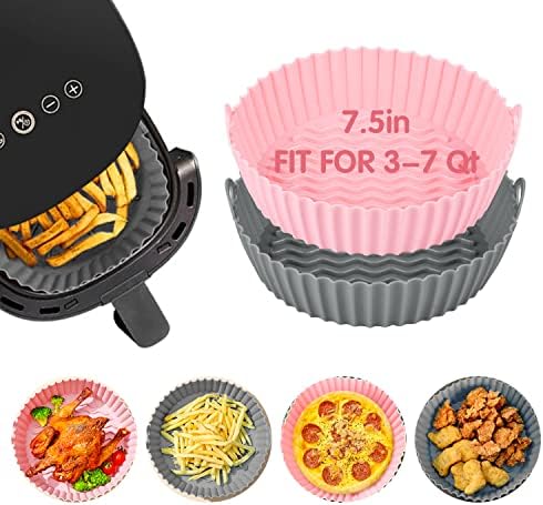 Air Fryer Silicone Pot 2 Pack - 7.5 inch Round Reuable Air Fryer Silicone Liner, Easy to Clean & Non Stick Replacement of Parchment Paper Liners, Fits 3 to 5 QT Air Fryer (Pink + Grey)