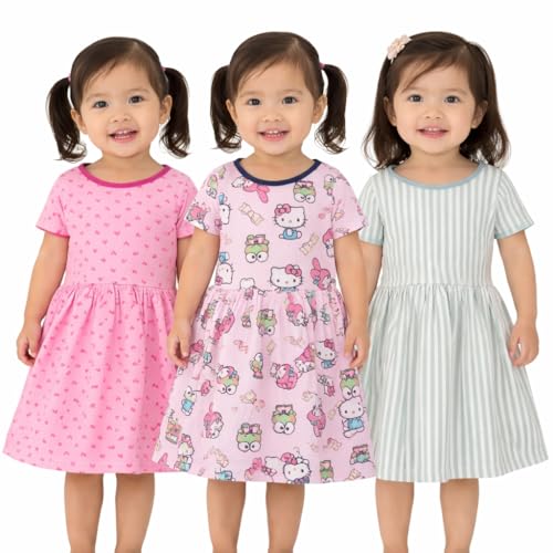 Image of Kids 3 Combo Cotton Frock for Girls | Multicolour Knitted Summer Dress | Below Knee Baby Girl Dress with Round Neck & Cup Sleeves (Random Colours)