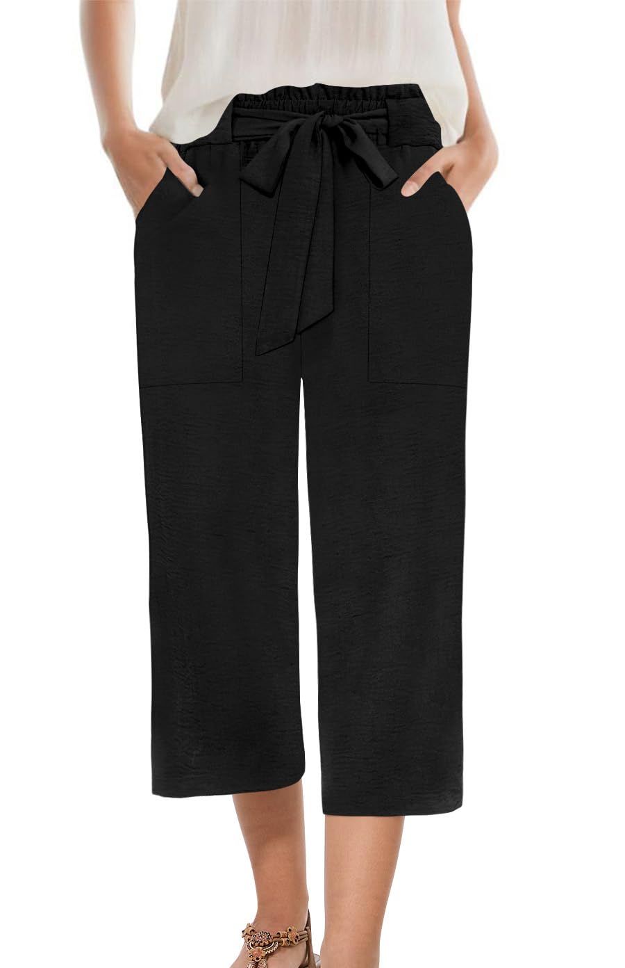 Womens Wide Leg Capri Pants Summer High Waisted Pants Drawstring Casual Loose Trousers with Pockets