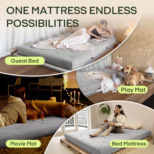 Image of ZonLi Japanese Floor Futon Mattress King Size 76 inchx80 inch100% Cotton Cover 6'' Thicken Tatami Mattress,Foldable Sleeping Pad,Portable Dormitory Tatami Mat,Roll Up Floor Lounger Bed for Adult (Light Grey)