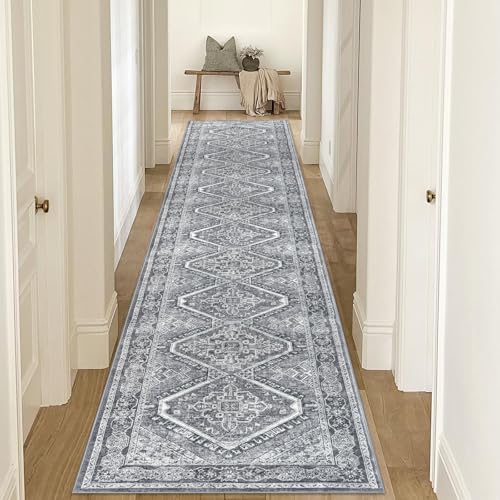 KUTA Vintage Washable Runner Rug 2.6x16, Non-Slip 16ft Extra Long Hallway Kitchen Rugs Grey, Indoor Ultra Soft Printed Distressed Medallion Carpet Runners for Bedroom Living Room