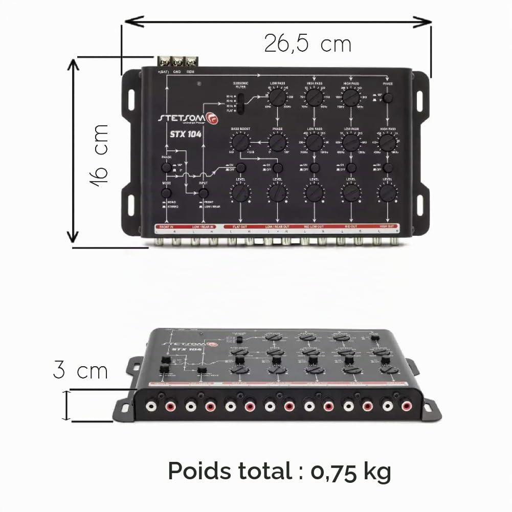 KIT Set pour Stetson STX104 1 Crossover électronique 5 Voies, égaliseur, 4 entrées, 5 Sorties, avec Amplification des Basses et Filtre subsonique, pour Voiture, 1 pièce