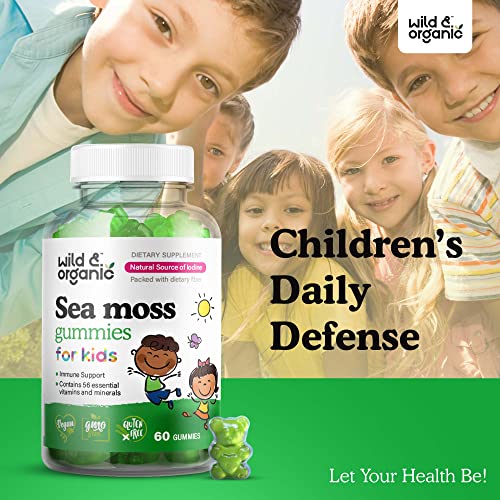 Wild & Organic Sea Moss Gummies For Kids - Vitamins & Iodine Rich Sea Moss Gummy For Immune Support - Digestive & Thyroid Health Supplements W/Raw Irish Moss, Bladderwrack & Chicory Root - 60 Pcs #TOP2