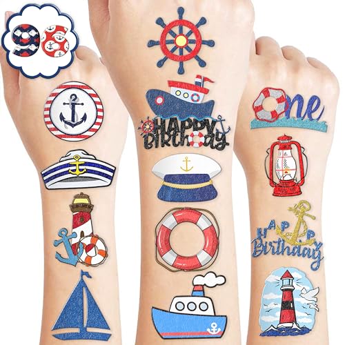 Nautical Pre-cut Temporary Tattoos 8 Sheets 96 PCS Boat 1st Party Decorations Favors Supplies Sailor Nautical Theme Birthday Cute Stickers Christmas Gifts for Boys Girls Class School Prizes Carnival