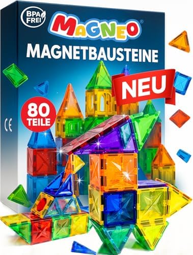 Magneo® Magnetische Bausteine (80 teilig) - Magnetbausteine für Kinder ab 3 Jahren - Pädagogisches Magnetspielzeug - Kreatives Magnet Spiel mit starken Magneten für Jungen & Mädche
