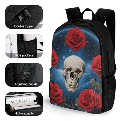 Supdreamc Polyester Daypack Backpack for Climbing Outdoors Running - Big Capacity Multipurpose Anti-Theft Bookbag, Skull And Red Rose Art Travel Hiking & Camping Rucksack3