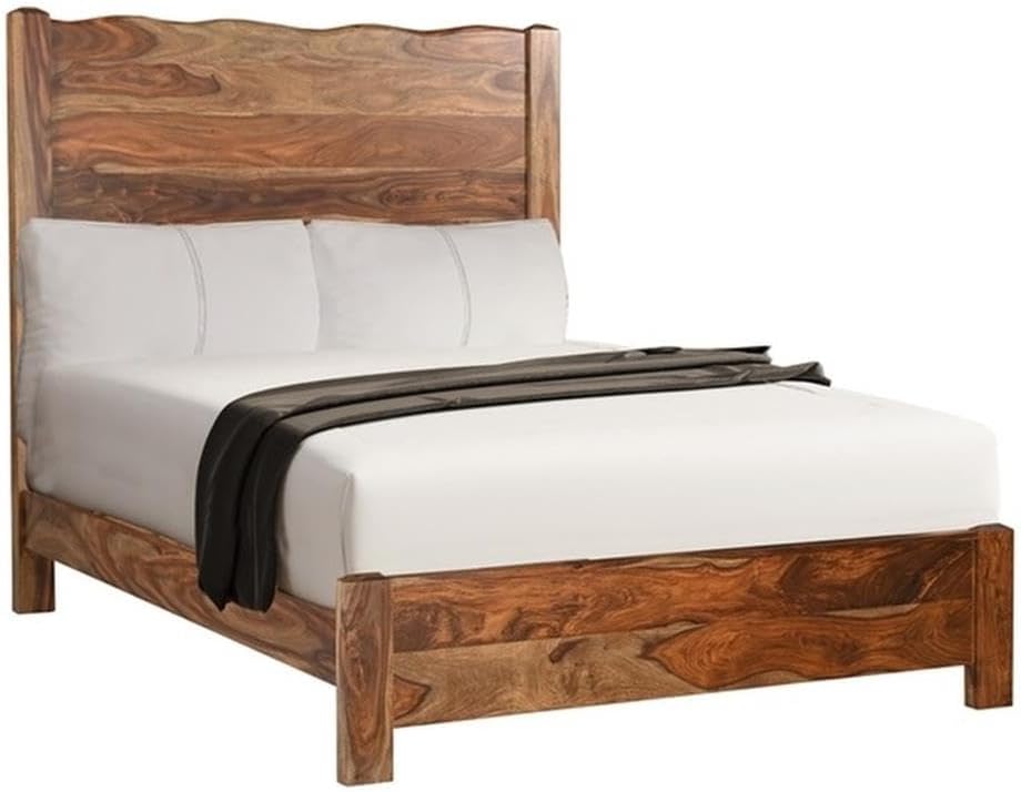 Pemberly Row Queen Panel Bed, Solid Sheesham Wood, Brown Finish, Live Edge Design, 63" H x 64.5" W x 86" D, Durable Wooden Slats, Mid-Century Style, No Mattress, Box Spring Required, Bedroom Furniture