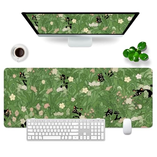 Tapis de souris XXL chat vert 80x30 cm pour bureau kawaii