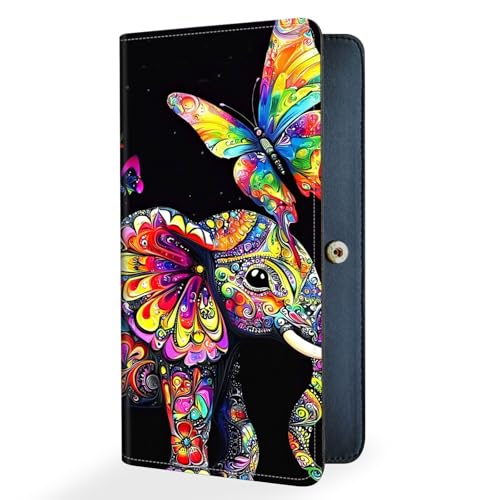 Slim Thin RFID Blocking Credit Card Wallets, Long Wallet for Women, Bifold PU Leather Credit Card Holder Cute Cash Clutch Colorful Floral Elephant Long Billfold, Button Protection