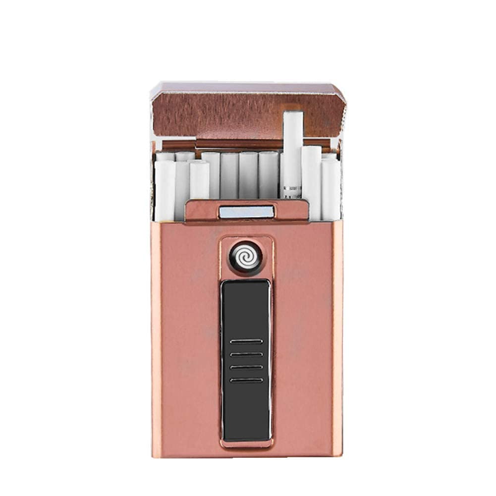 Metal Cigarette Case Box with Electronic Lighter USB Portable Plasma Tungsten Lighter Waterproof Holder 20Pcs Slim Cigarettes,Pink